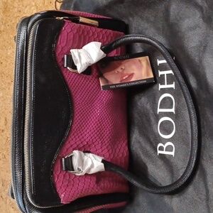 Bodhi Peggy Leather Triple Compartment Satchel Fushsia/Black NWT & Dustbag
